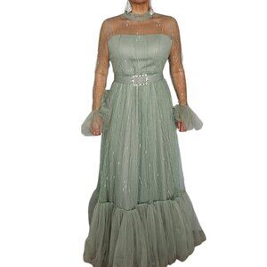 Women's Green Tulle Evening Gown with Sheer Sleeves Rhinestone Belt Size L